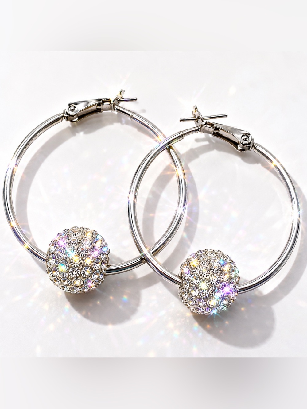 ATI BR CH Crystal Pavé Ball Hoop Earrings Silver Tone 1.5”